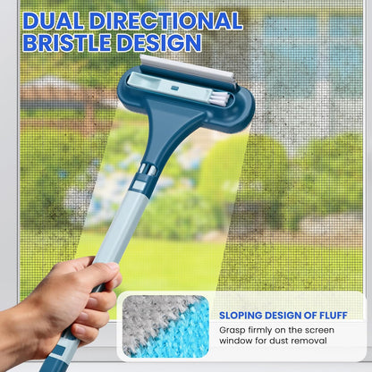 3-in-1 Screen Cleaning Brush with Squeegee - Window Mesh Cleaner & Pet Hair Remover for Couch, Multi-Use Crevice Tool for Patio and Porch Screens (Cyan Blue)