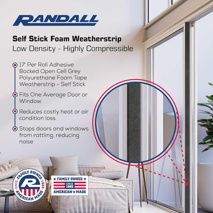 Grey Highly Compressable Foam Self Adhesive Weatherstrip (1/4" Thick x 3/4" Wide 17 FT Long). Foam Insulation Tape for use with Doors and Windows, Automotives, ACS and More