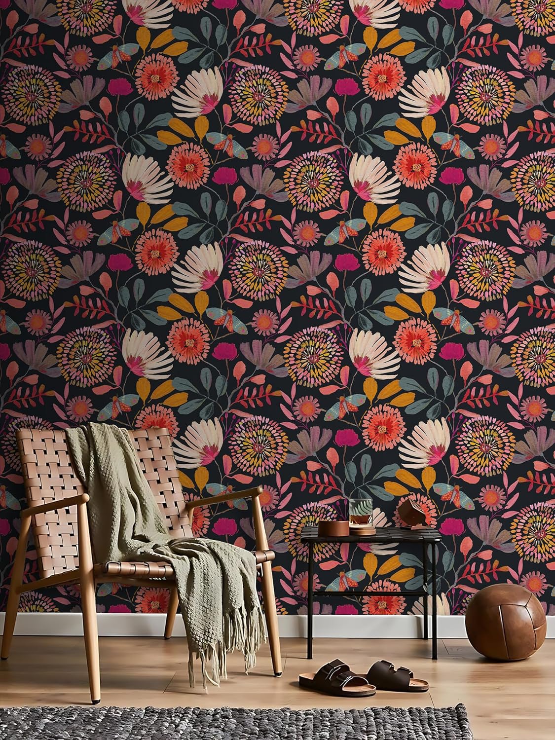 Wallpaper Peel and Stick Floral Wall Paper Removable Waterproof Navy/Pink/Orange Contact Paper for Bedroom, Bathroom,Bathroom, Home Wall 17.3" x 118"