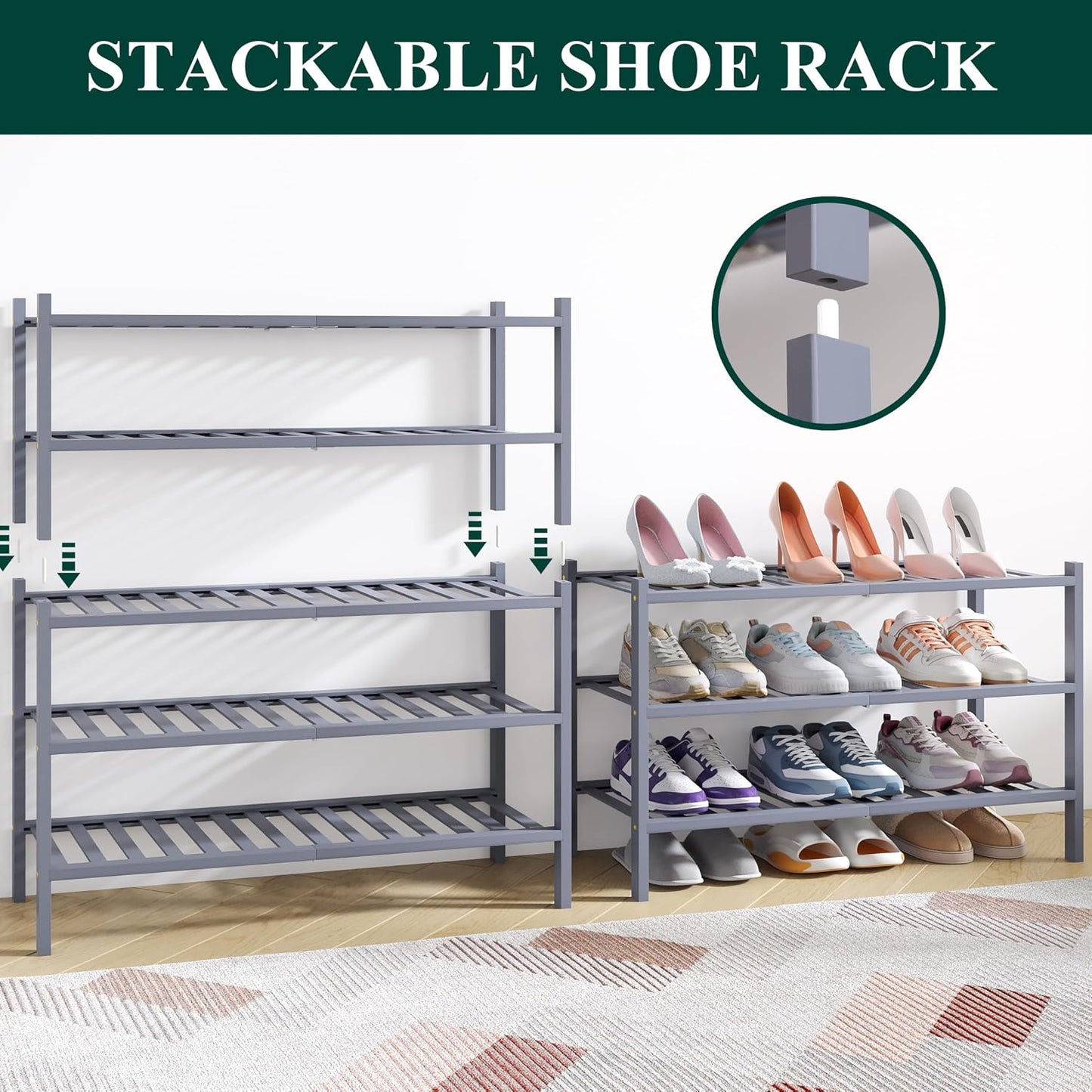 Smiry Bamboo Shoe Rack for Closet, 3 Tier Wooden Shoe Organizer, Stackable Wood Shoe Storage Shelf for Entryway, 14 Vertical Slats, One-piece Heavy-Duty Legs, 26.77"x11.02"x18.31", Natural