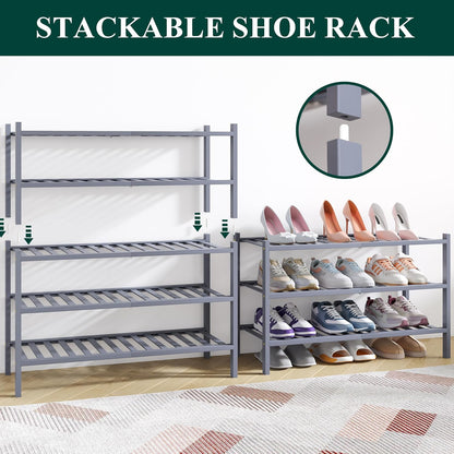 Smiry Bamboo Shoe Rack for Closet, 3 Tier Wooden Shoe Organizer, Stackable Wood Shoe Storage Shelf for Entryway, 14 Vertical Slats, One-piece Heavy-Duty Legs, 26.77"x11.02"x18.31", Natural