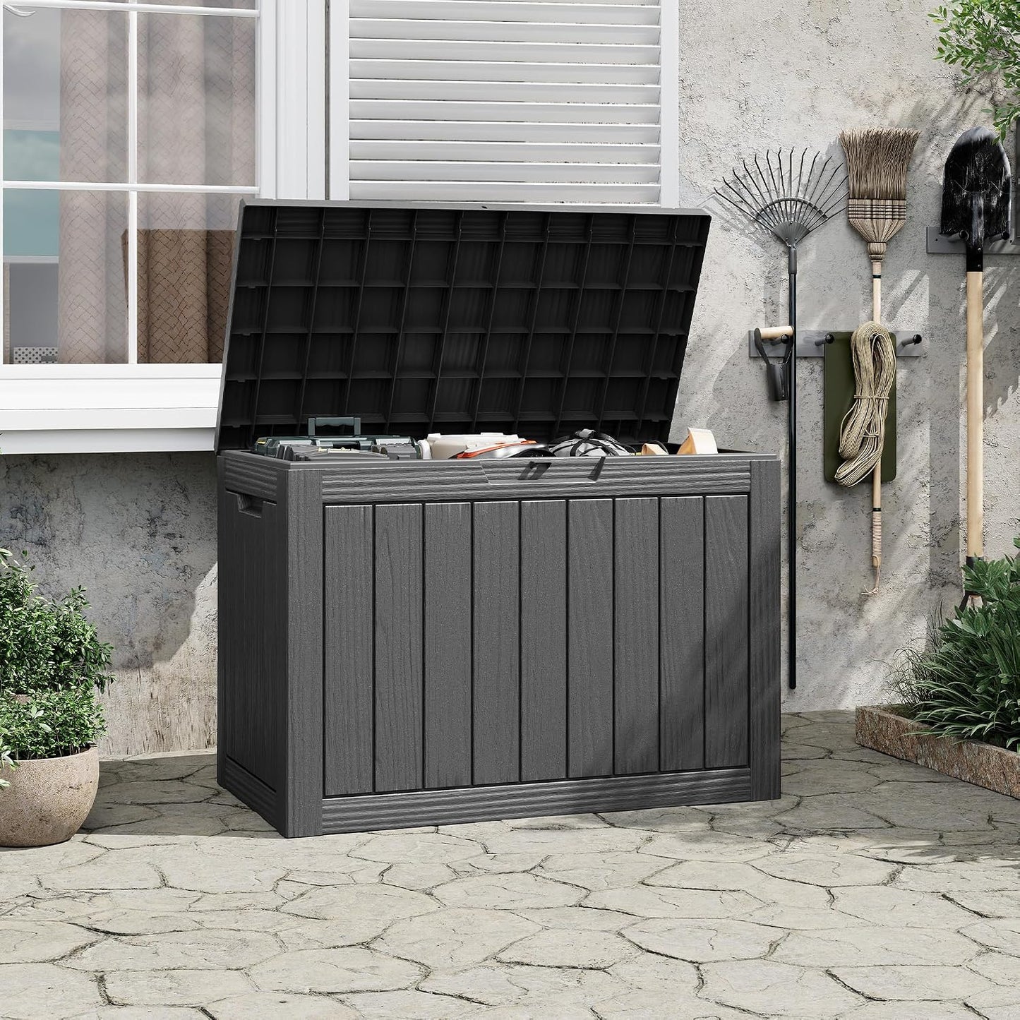 Outdoor Storage Box, 45 Gallon Deck Box with Lockable Lid, Waterproof Resin Storage Bin for Cushions, Garden Tools, Patio Furniture, Grey