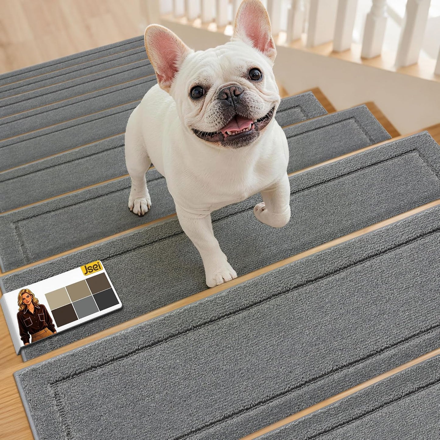 JSEI Stair Treads for Wooden Steps Indoor, 15-Pack Non Slip Stair Treads 30" x 8", Washable Polyester Stair Mats with TPE Backing, Low Profile Stair Rugs for Kids, Seniors and Dogs, Brown