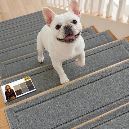 JSEI Stair Treads for Wooden Steps Indoor, 15-Pack Non Slip Stair Treads 30" x 8", Washable Polyester Stair Mats with TPE Backing, Low Profile Stair Rugs for Kids, Seniors and Dogs, Brown