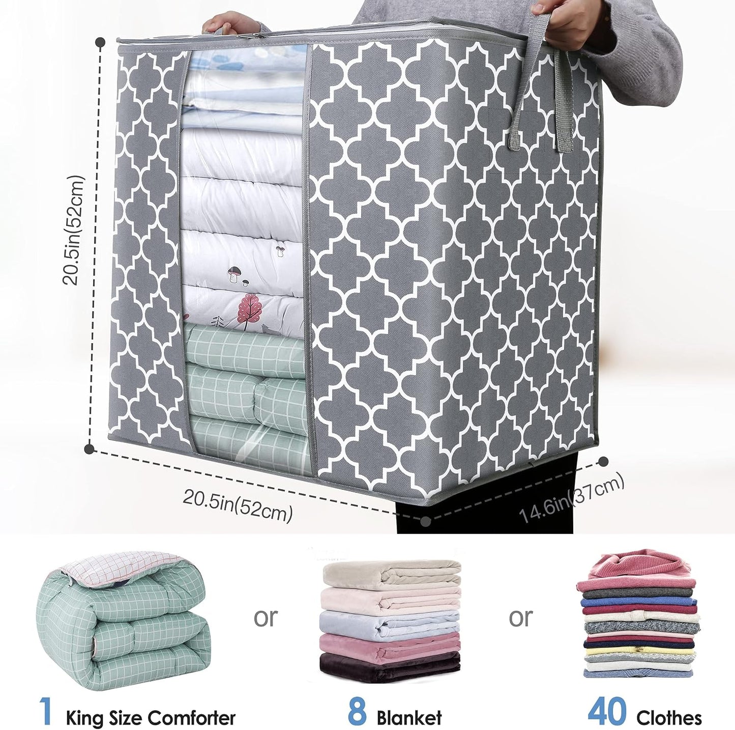 WISELIFE Storage Bags 3 Pack/100L Large Blanket Clothes Organization and Storage Containers for Comforters,Bedding, Foldable Organizer with Reinforced Handle, Clear Window, Sturdy Zippers,Gray