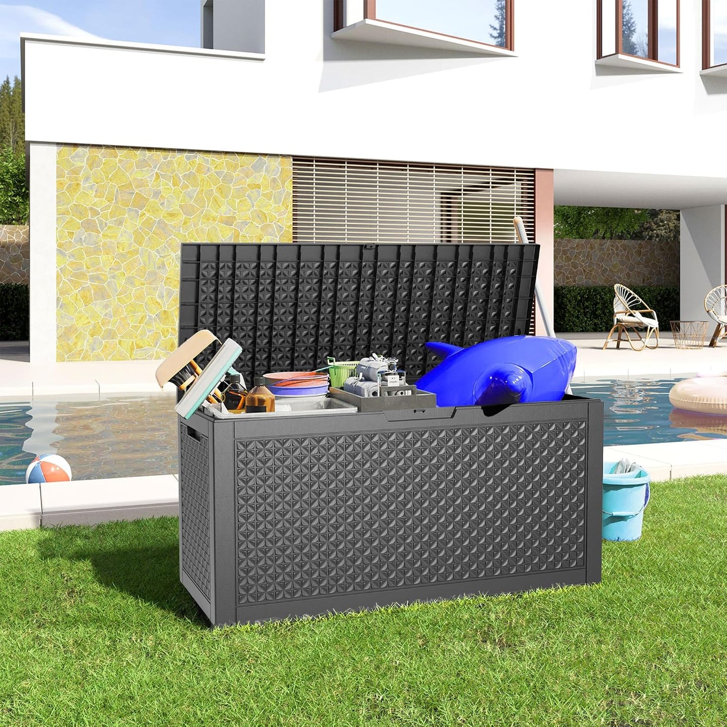 125Gal Outdoor Storage Box, Lockable Deck Box with Hydraulic Lid | Waterproof UV-resistant, Durable outdoor bin for patio cushions, pool accessories & garden tools. Keeps contents secure & dry