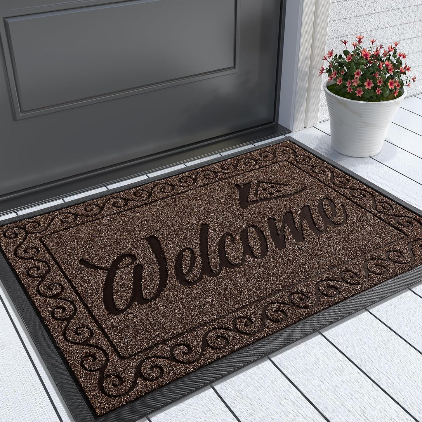 Yimobra Welcome Mat, Heavy Duty Sturdy Door Mats for Home Entrance Outdoor Indoor, Front Doormat for Outside Patio Floor Entry Porch Garage Office, Waterproof, Low Profile, 29.5x17, Black Grey