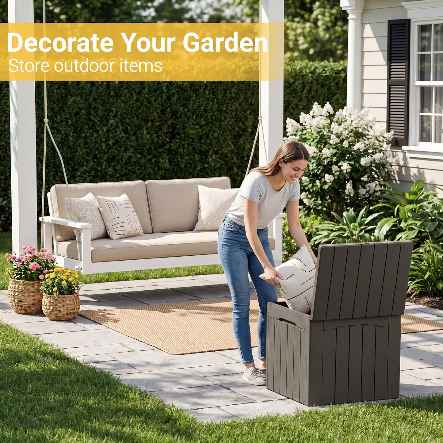 Greesum 31 Gallon Resin Deck Box All Weather Outdoor Storage Boxes for Patio Furniture Set,Outdoor Toys,Garden Tools,Black