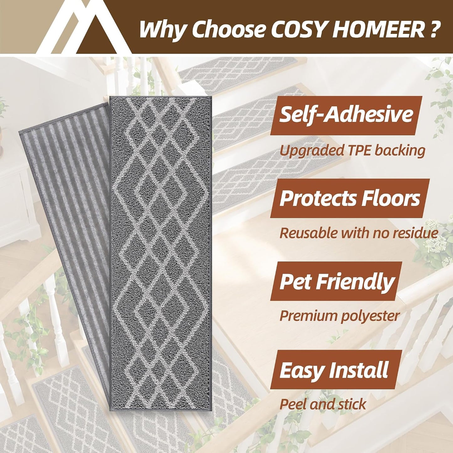 COSY HOMEER Soft Stair Treads Non-Slip Carpet Mat 28inX9in Indoor Stair Runners for Wooden Steps,Stair Rugs for Kids and Dogs, 100% Polyester TPE Backing 7pcs,Black,Rhombus