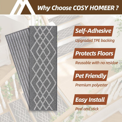 COSY HOMEER Soft Stair Treads Non-Slip Carpet Mat 28inX9in Indoor Stair Runners for Wooden Steps,Stair Rugs for Kids and Dogs, 100% Polyester TPE Backing 7pcs,Black,Rhombus