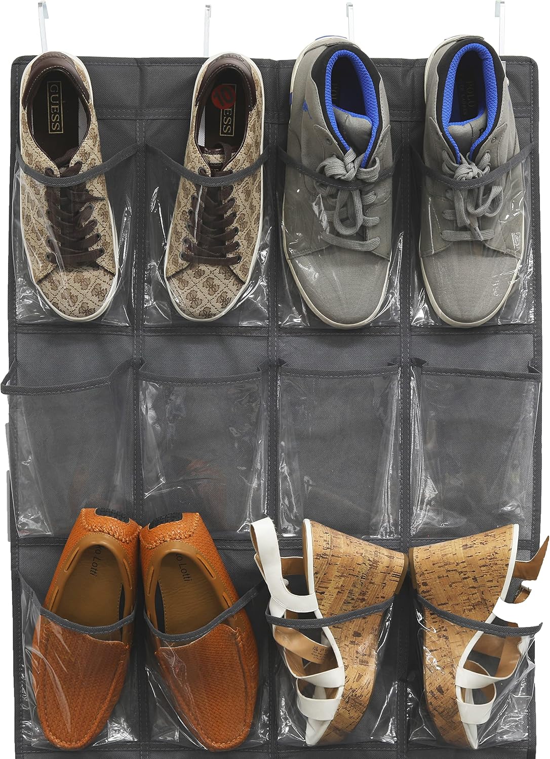 Simple Houseware 24 Pockets - Crystal Clear Over The Door Hanging Shoe Organizer, Gray (64'' x 19'')