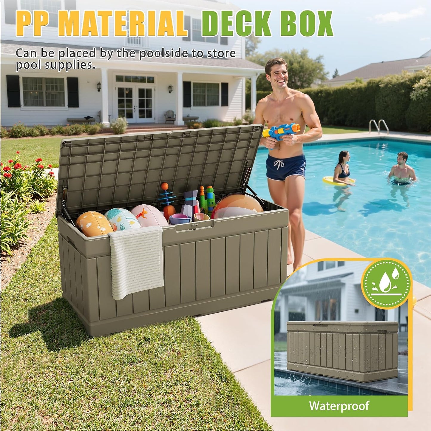 Greesum Outdoor Storage Box 82 Gallon Storage Bin with Lid for Patio Furniture, Garden Tools, Pool Supplies, Waterproof and UV Resistant, Lockable, Black