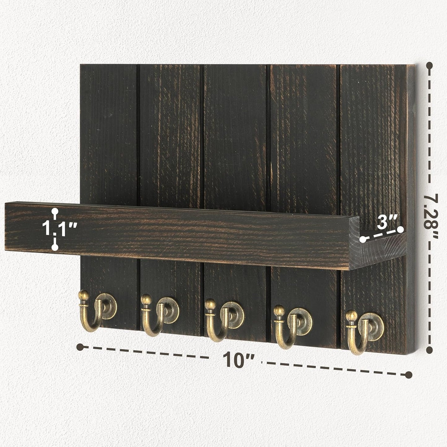 Rebee Vision Decorative Key Holder Wall Mount - Rustic Key Holder for Wall with Shelf and Mail Organizer for Living Room Decor - Home Essentials for Home Improvement (Brown, 3.54" x 10" x 7.28")