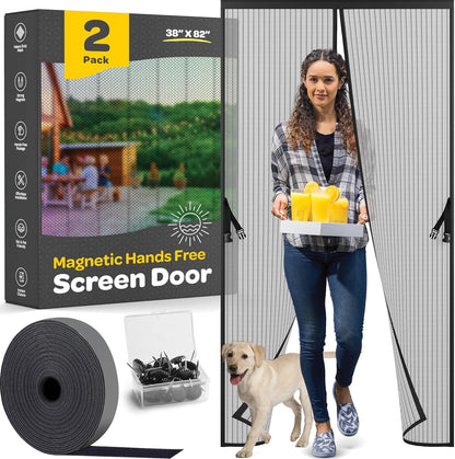 Hands-Free Magnetic Screen Door, [2 Pack] Heavy Duty, Self Sealing Screen Door Mesh Protector, Pet/Kid-Friendly, Stay-Open Buckle, Keeps Bugs Out While Letting Nature in, Fits Door (39.4" x 82.7")