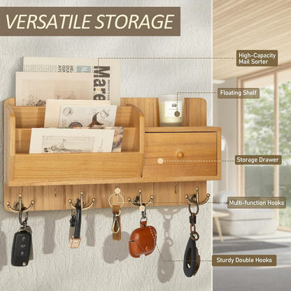 Rebee Vision Key and Mail Holder Wall Mount - Mail Organizer Wall Mount with Storage Hooks and Drawer for Modern Farmhouse Decor - Mail Organizer Wall Mounted for Rustic Apartment Essentials (Brown)