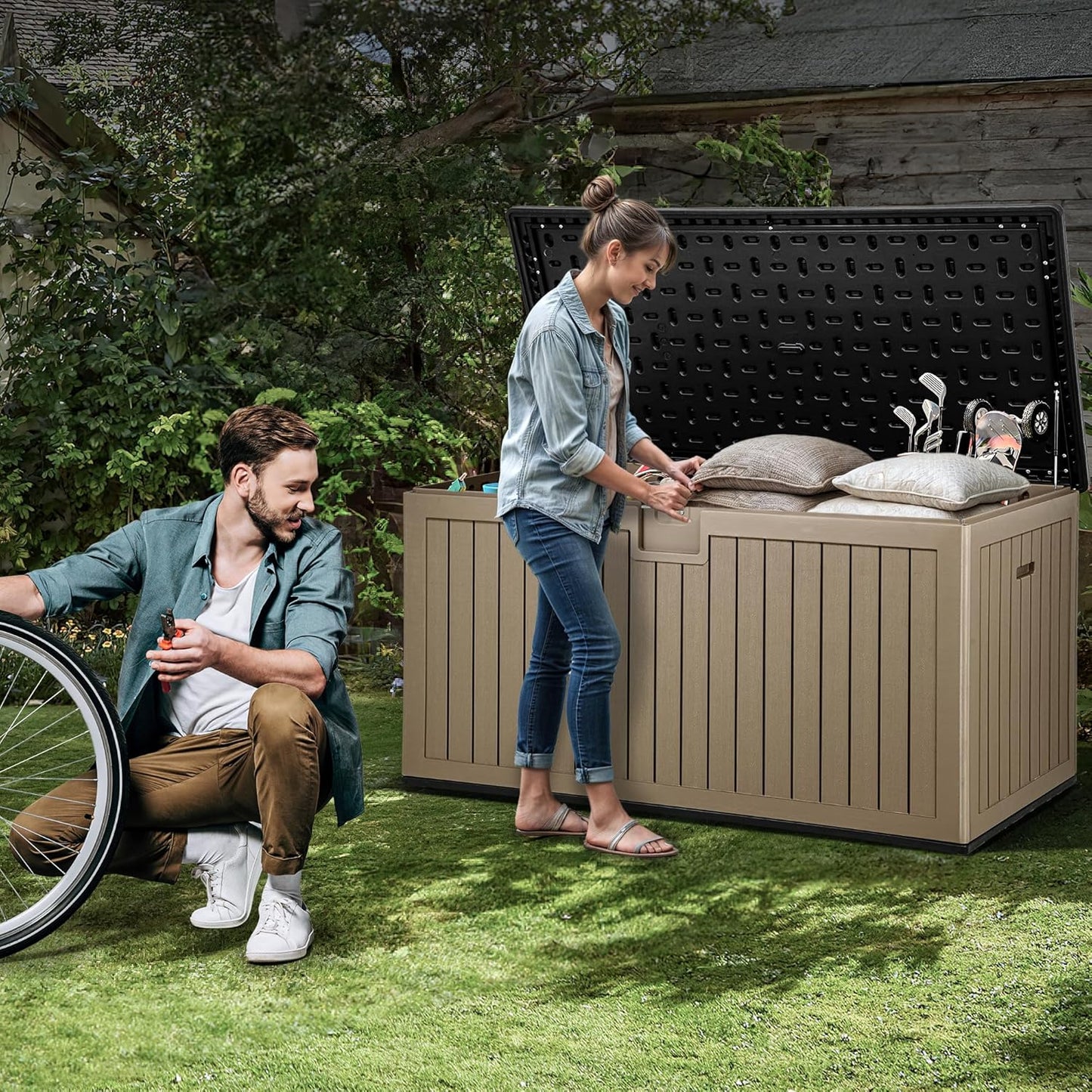 YITAHOME 100 Gallon Large Outdoor Deck Box | Waterproof Resin Storage Box, Lockable Indoor Outdoor Storage Container for Patio Furniture Cushions, Pool Accessories