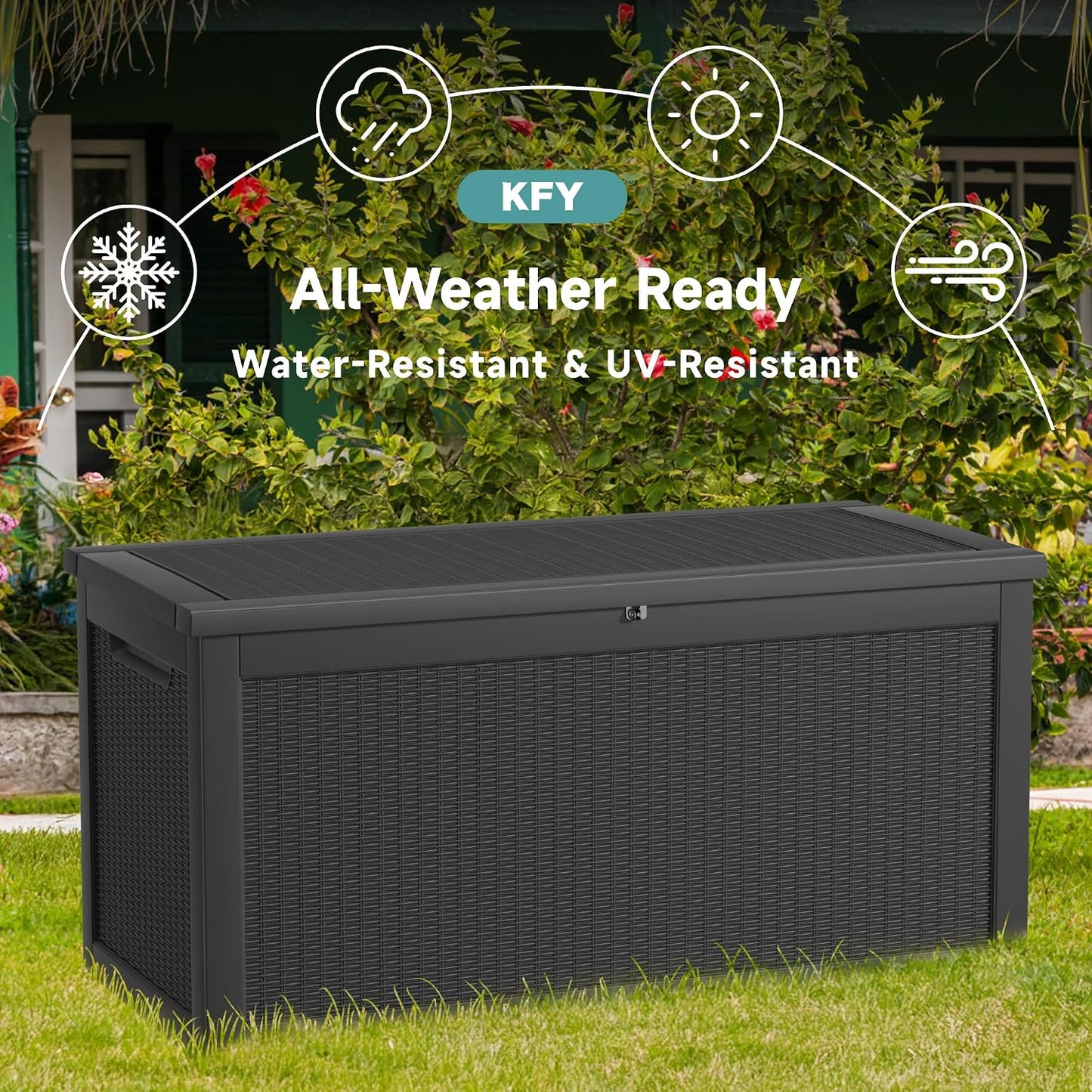 320 Gallon Waterproof Outdoor Storage Box, UV Resistant Resin Deck Box with Hydraulic Rod for Reinforced Stability, Perfect for Patio, Garden, and Pool（Black，320 Gallon）