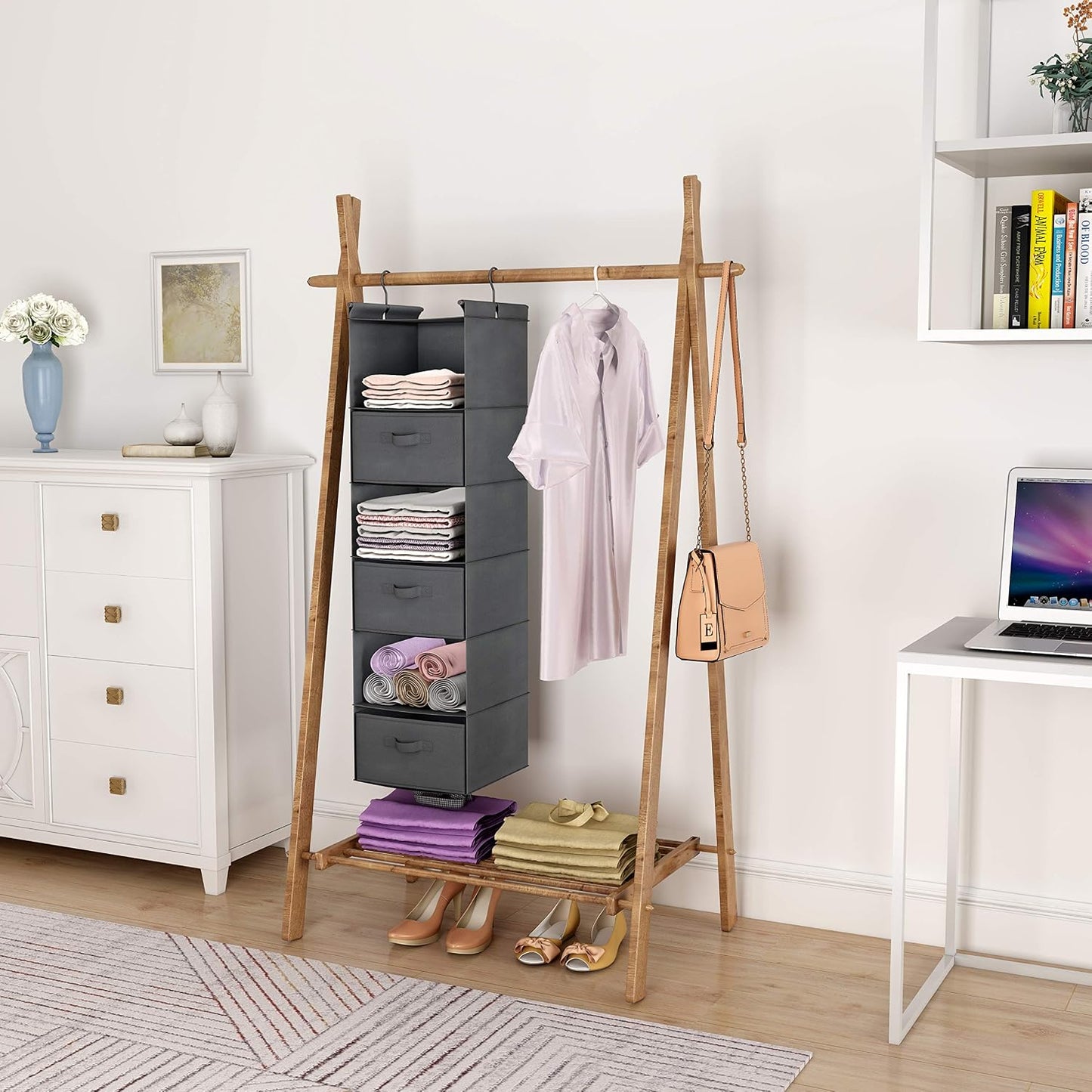 MAX Houser 6 Tier Shelf Hanging Closet Organizer, Closet Hanging Shelf with 2 Sturdy Hooks for Storage, Foldable (Grey)