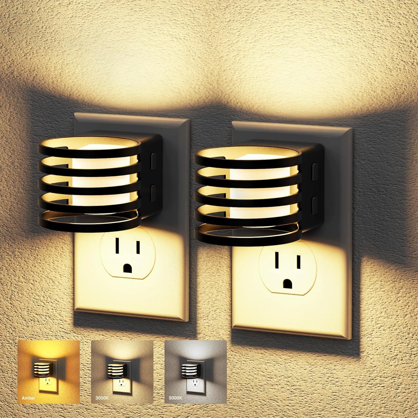 JandCase Motion Sensor Night Light, [2 Pack] Night Lights Plug into Wall, Dusk to Dawn & Motion Sensor, 3 Level Brightness Dimmable Plug in Night Light, 3000K Nightlight for Bedroom Bathroom Hallway