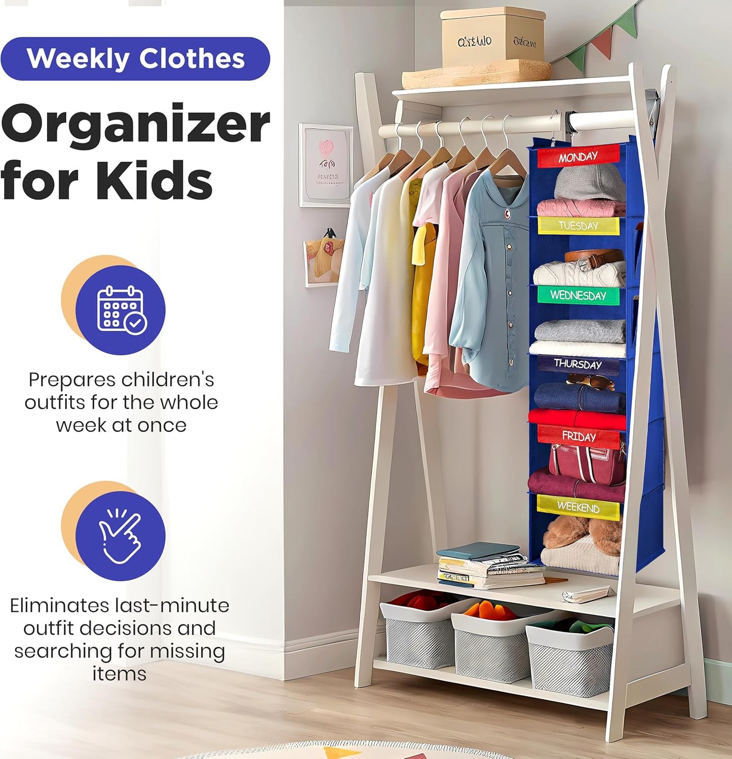 Handy Laundry Weekly Clothes Organizer for Kids, 6-Shelf Bamboo Reinforced | Days of the Week Hanging Closet Shelves, Monday Through Friday and Weekend, School Outfit Storage, Side Pockets, Pink