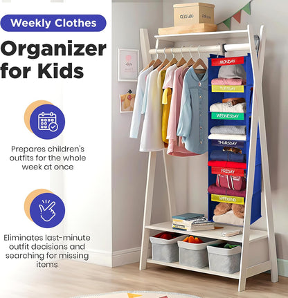 Handy Laundry Weekly Clothes Organizer for Kids, 6-Shelf Bamboo Reinforced | Days of the Week Hanging Closet Shelves, Monday Through Friday and Weekend, School Outfit Storage, Side Pockets, Pink