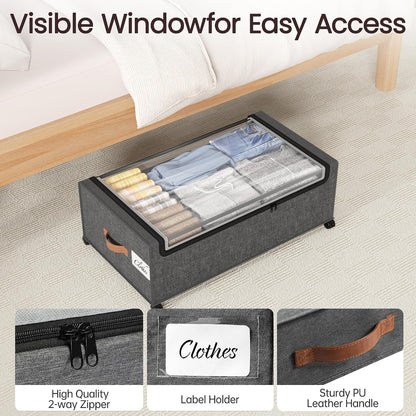 Yecaye Under Bed Storage with Wheels, 2 Pack Under Bed Storage Containers, 60L Underbed Shoe Storage with Clear Window & Label, Rolling Under Bed Metal Drawer for Clothes, Shoes, Books, Blankets
