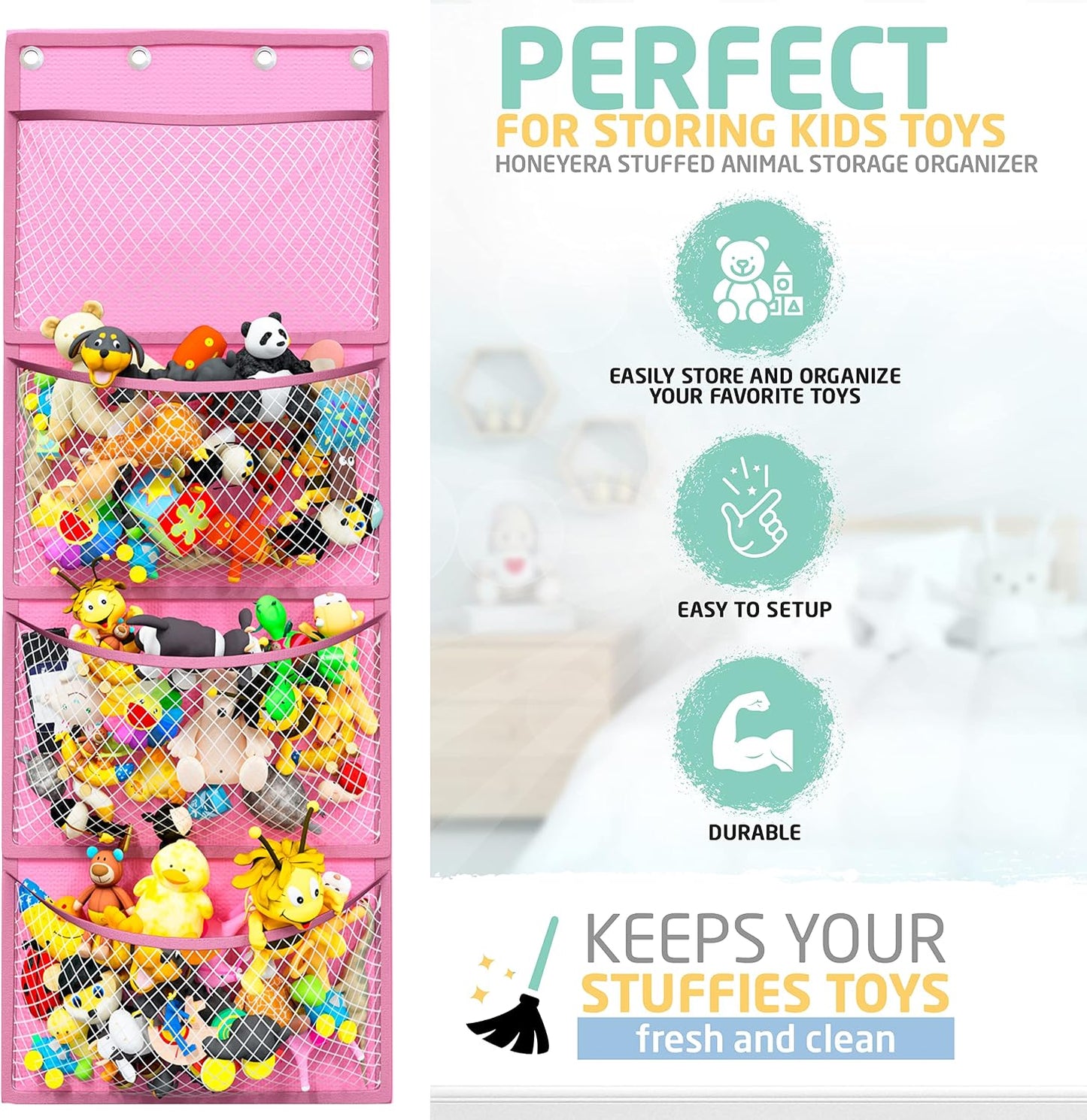 Honeyera The Original Stuffed Animal Storage (Patented) - Over Door Organizer for Stuffies, Baby Ideas Holder, Toy Plush Hammock Hanging Net Big Girls Toddler Large Bag Animals Stuffy Behind
