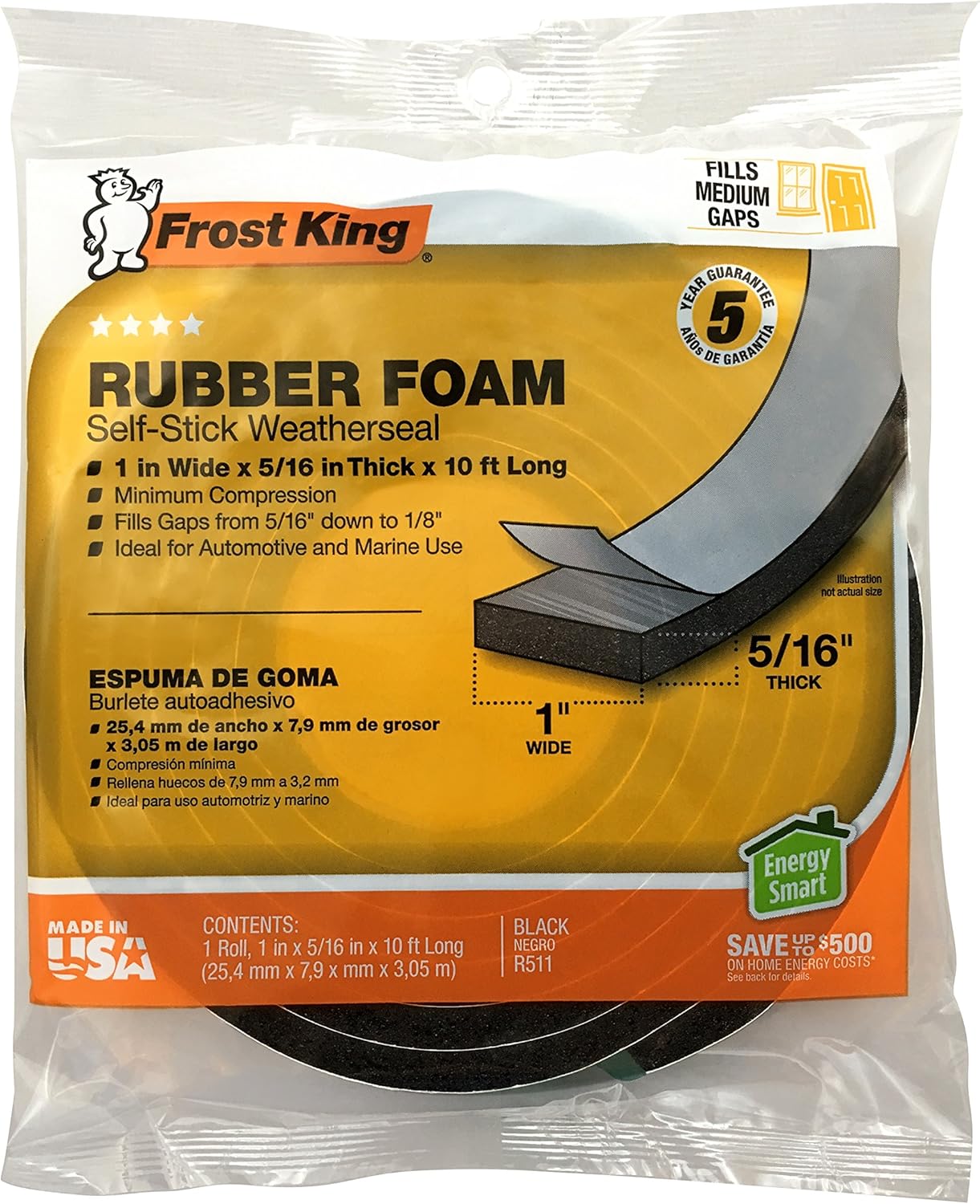 Frost King R338H Self-Stick Rubber Foam Weatherseal, 3/8"W, 3/16"T, Black|Blacks