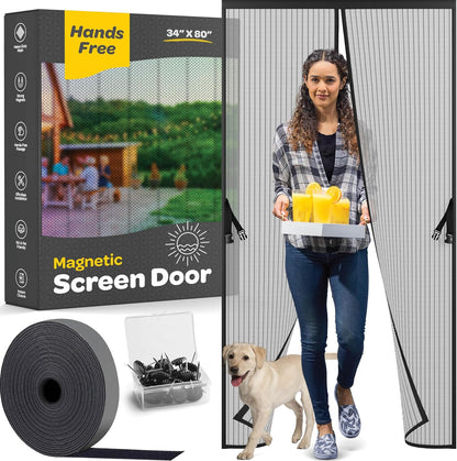 Magnetic Screen Door, Hands-Free Kid/Pet-Friendly Walk Through - Self Magnetic Closure Screen Door Mesh, Stay-Open Option with Buckles - Keeps Bugs Out Lets Breeze in, Fits Door Size (39.4" x 82.7")