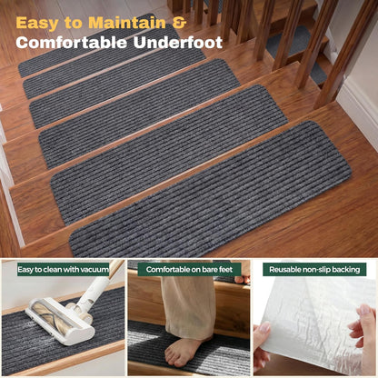 MBIGM 8" X 30" (15 in Pack) Nonslip Carpet Stair Treads Non-Skid Safety Rug Slip Resistant Indoor Runner for Kids Elders & Pets with Reusable Adhesive - Brown - Non Slip Stair Treads Indoor