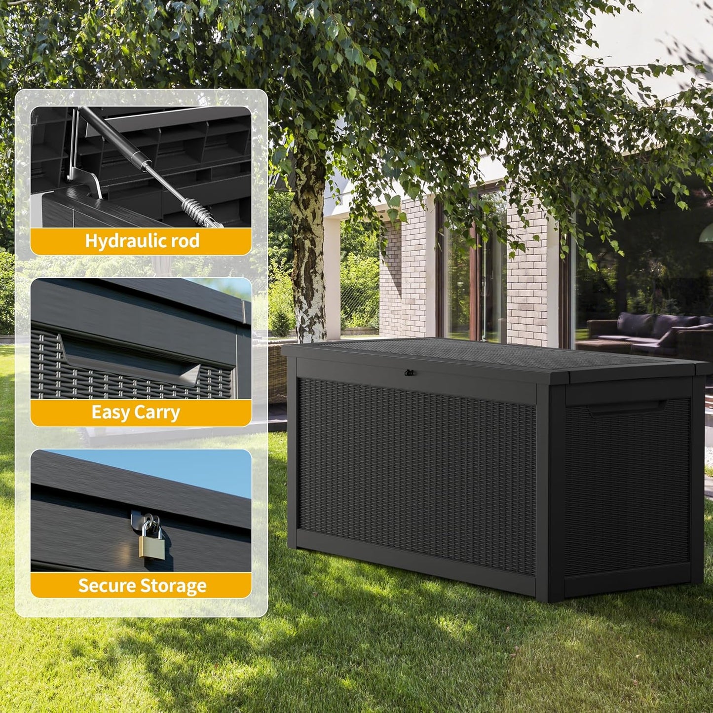 320 Gallon Outdoor Storage Box, Extra Large Waterproof Resin Deck Box with Lockable Lid Storage Bin for Patio Furniture Cushion, Garden Tools, Pool Accessories, UV-Resistant Outside, Black