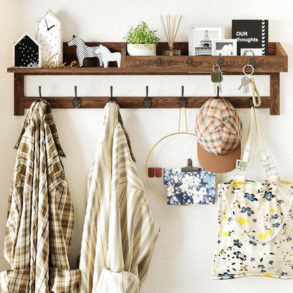 AMBIRD Wall Hooks with Shelf, 26.57 Inch Entryway Wood Coat Hooks for Wall with Shelf, Coat Rack Wall Mount with 5 Dual Hooks 3 Key Hooks Mail Organizer and Key Rack Holder (Brown)