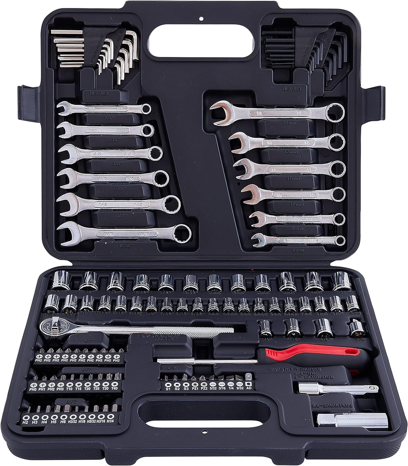 MECHMAX 121-Piece Mechanics Tool Set, 1/4 & 3/8-Inch Drive | Metric and standard SAE socket wrench kit. General automotive repair hand tool set for car mechanics and garage DIY