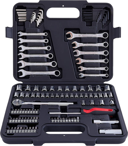 MECHMAX 121-Piece Mechanics Tool Set, 1/4 & 3/8-Inch Drive | Metric and standard SAE socket wrench kit. General automotive repair hand tool set for car mechanics and garage DIY