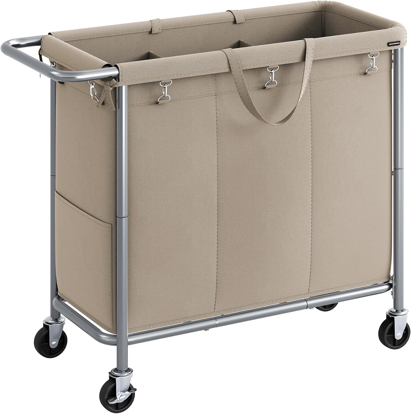 SONGMICS Laundry Basket with Wheels, 3-Section Rolling Laundry Hamper, 52.8 Gallons (200 L), Removable Liner, Steel Frame with Handle, 35.8 x 15.4 x 31.9 Inches, Cream White URLS005W01