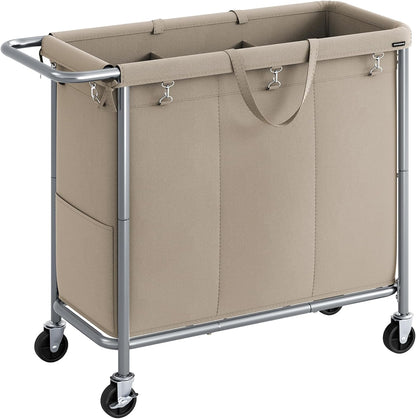 SONGMICS Laundry Basket with Wheels, 3-Section Rolling Laundry Hamper, 52.8 Gallons (200 L), Removable Liner, Steel Frame with Handle, 35.8 x 15.4 x 31.9 Inches, Cream White URLS005W01