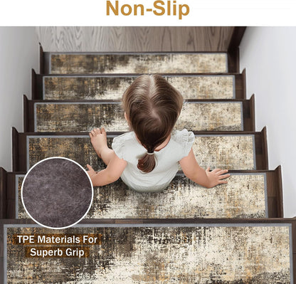 sarben Non Slip Stair Treads for Wooden Steps 15PCS - 8"x30" Indoor Safety Carpet, Edging Mats with TPE Adhesive Backing, Pet and Elderly Friendly Stair Rugs (Taupe) - Colors A