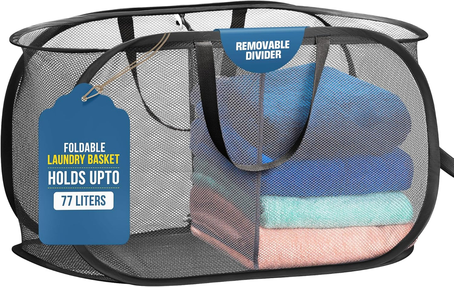Handy Laundry Collapsible Laundry Basket, 3-Compartment Mesh Laundry Sorter, Foldable Pop Up Hamper with Handles, Space-Saving Durable Organizer for Dorm, Bedroom, Travel, White
