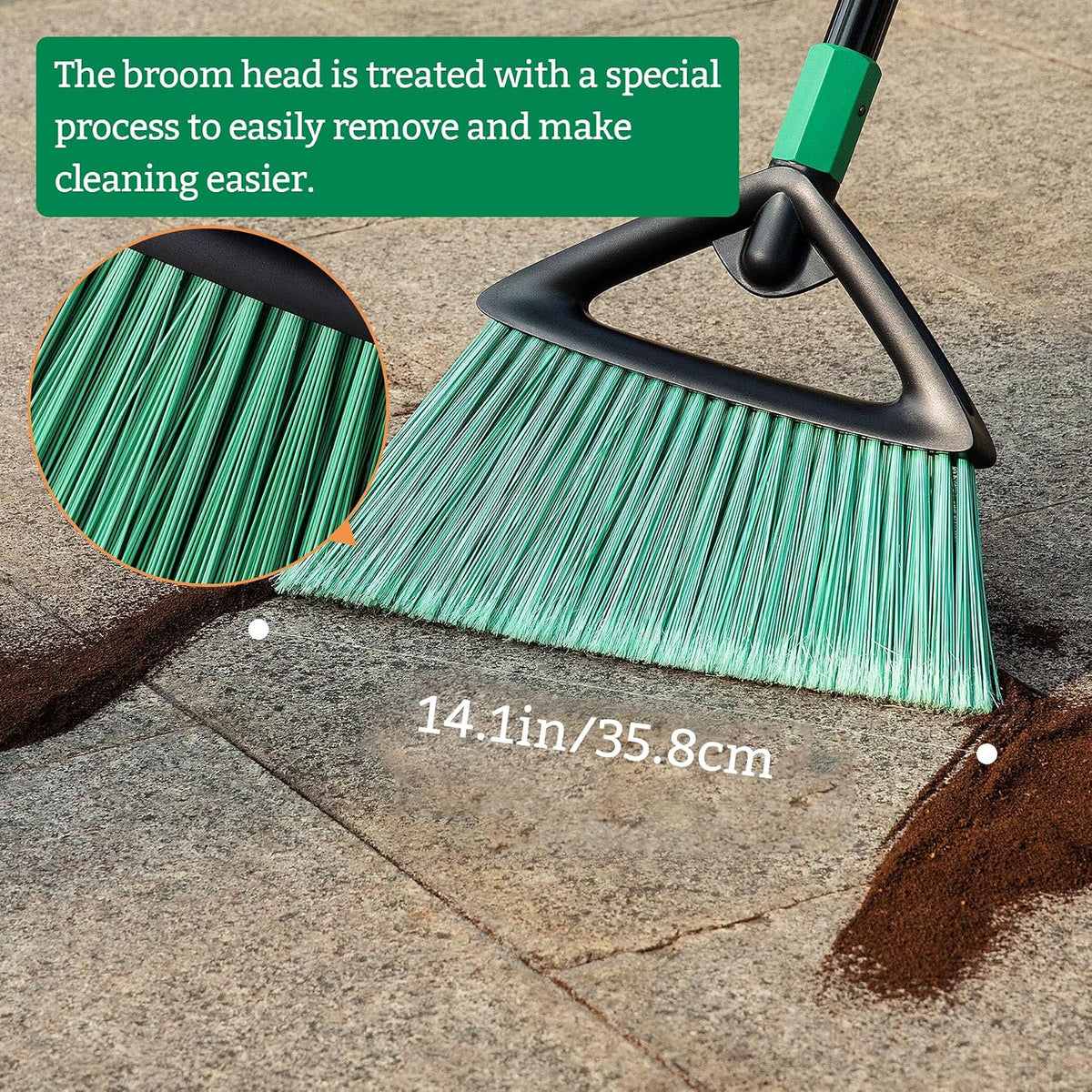 Eyliden Angle Broom with 57" Long Handle, Outdoor Indoor, Green | Heavy-Duty Cleaning, Also Works Well Fine Dust - PET Bristles, Commercial Sweeper for Courtyard Sidewalk Deck Kitchen Lobby