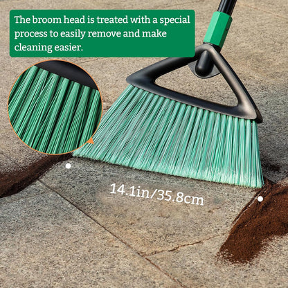 Eyliden Angle Broom with 57" Long Handle, Outdoor Indoor, Green | Heavy-Duty Cleaning, Also Works Well Fine Dust - PET Bristles, Commercial Sweeper for Courtyard Sidewalk Deck Kitchen Lobby