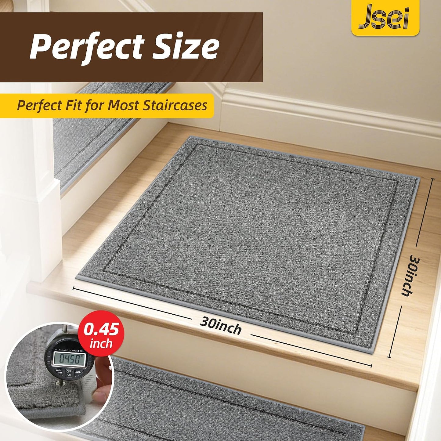 JSEI Stair Treads for Wooden Steps Indoor, 15-Pack Non Slip Stair Treads 30" x 8", Washable Polyester Stair Mats with TPE Backing, Low Profile Stair Rugs for Kids, Seniors and Dogs, Brown