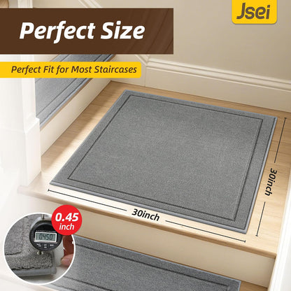 JSEI Stair Treads for Wooden Steps Indoor, 15-Pack Non Slip Stair Treads 30" x 8", Washable Polyester Stair Mats with TPE Backing, Low Profile Stair Rugs for Kids, Seniors and Dogs, Brown