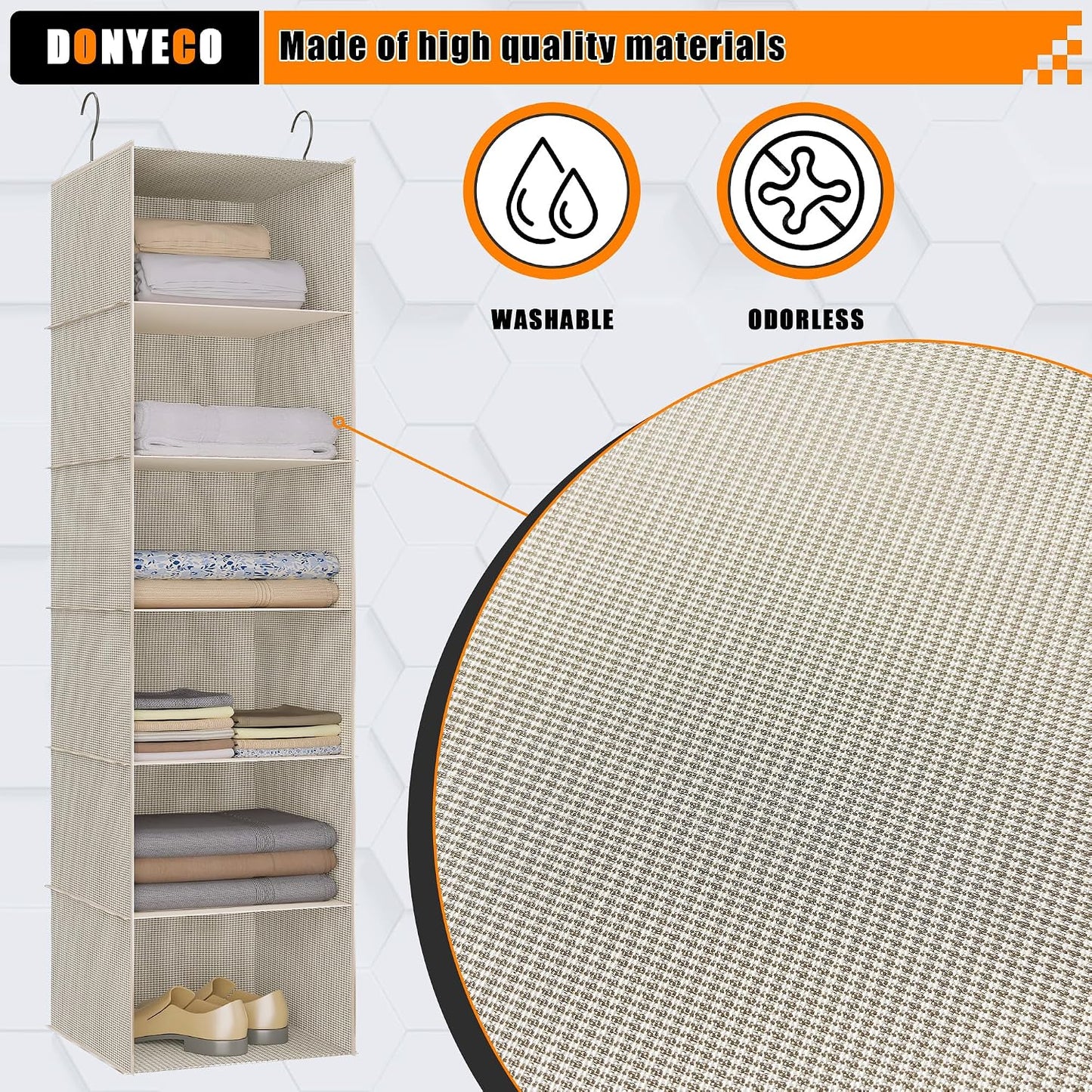 Hanging Closet Organizer 3-Shelf, Oxford Fabric Wardrobe Storage, Gray | Easy-mount foldable design holds clothes, handbags, shoes & accessories; washable Oxford fabric, sturdy and space-saving.