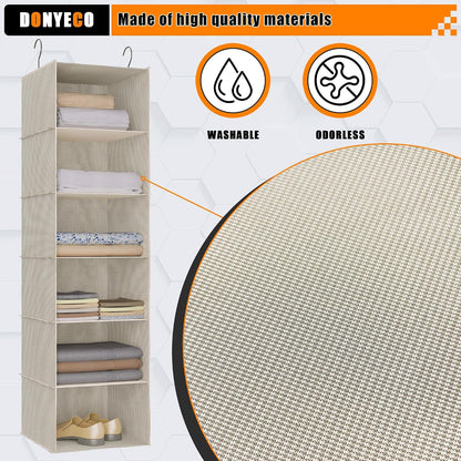 Hanging Closet Organizer 3-Shelf, Oxford Fabric Wardrobe Storage, Gray | Easy-mount foldable design holds clothes, handbags, shoes & accessories; washable Oxford fabric, sturdy and space-saving.