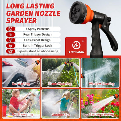 AUTOMAN Garden Hose Nozzle - 2 Pack, 100% Metal High Pressure Spray Nozzle, Labor-Saving Design, Heavy Duty for Garden Watering, Car Washing, Window Cleaning, Pets Bathing
