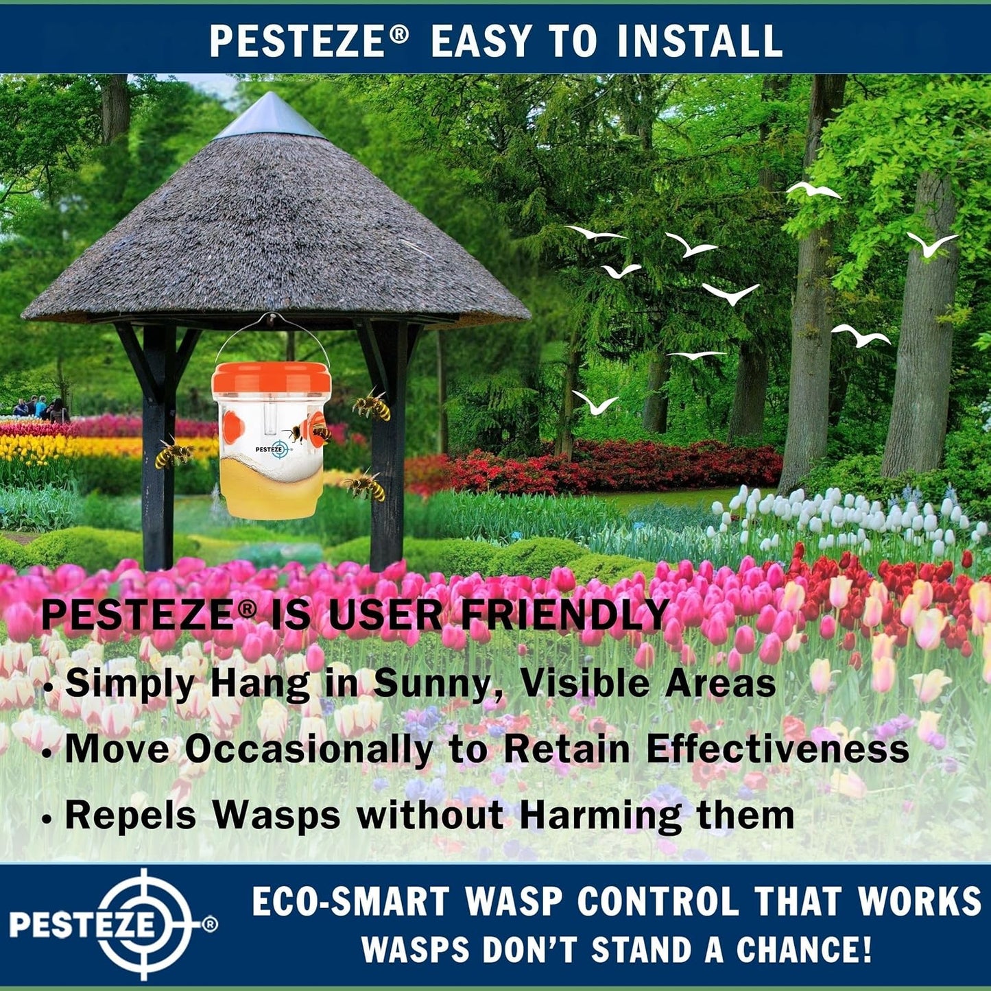 PESTEZE USA Reusable Solar Hanging Wasp Trap with LED Light [Orange: 3.5 x 4.4 Inch] Attracts, & Kills Wasp, Hornet, Yellow Jacket & Insect Species 24/7 Without Harsh Chemicals Waterproof Outdoor Trap