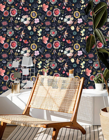 Wallpaper Peel and Stick Floral Wall Paper Removable Waterproof Gray/Yellow/Blue Contact Paper for Bedroom, Bathroom, Home Wall 17.3" x 118"