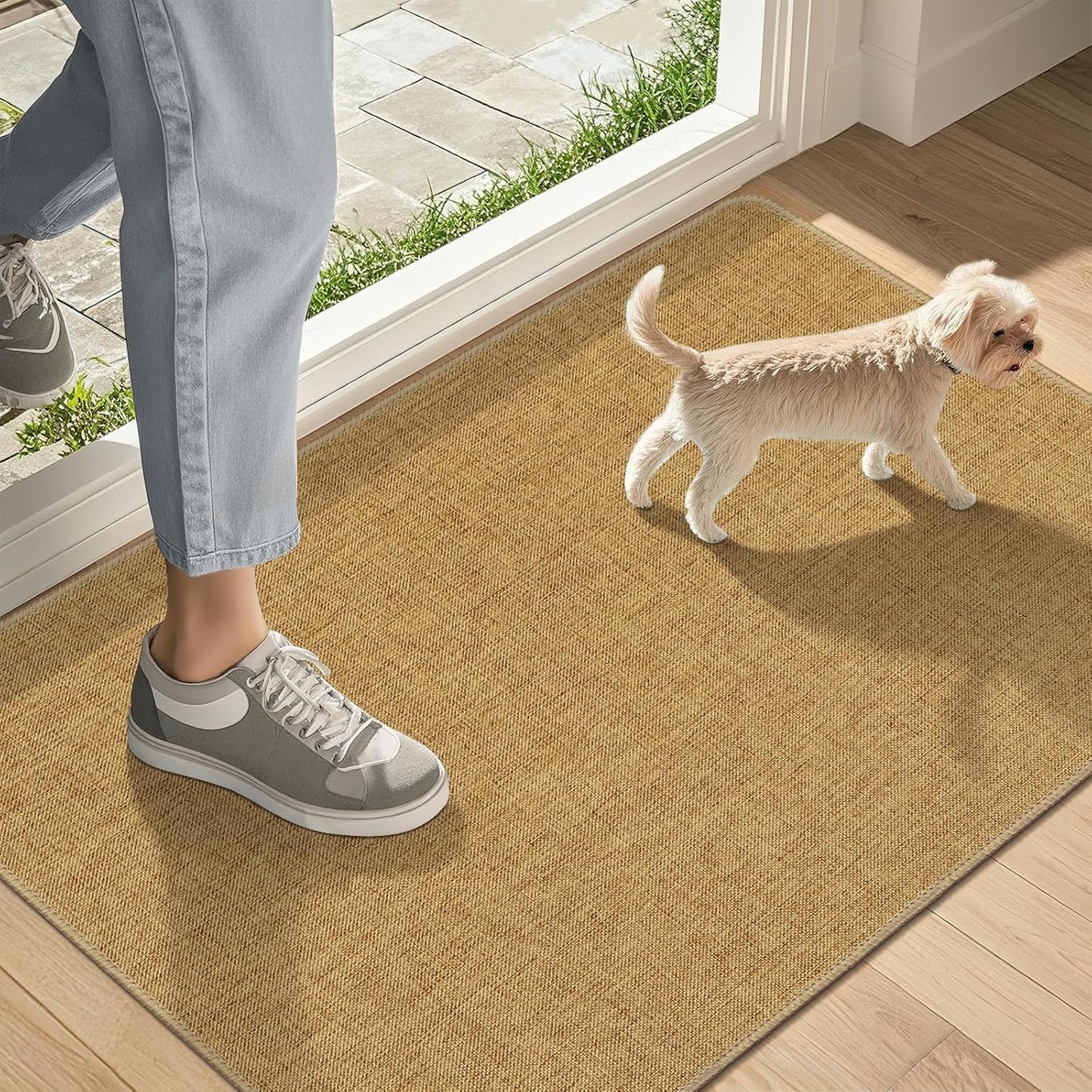 LEKEEPGO Ultra Thin Indoor Door Mat 17"x29", Low-Profile Door Mat Indoor Entrance, Non Slip Rubber Backing Inside Doormat Washable Welcome Front Entryway Dirt Trapper Entry Mat, Khaki