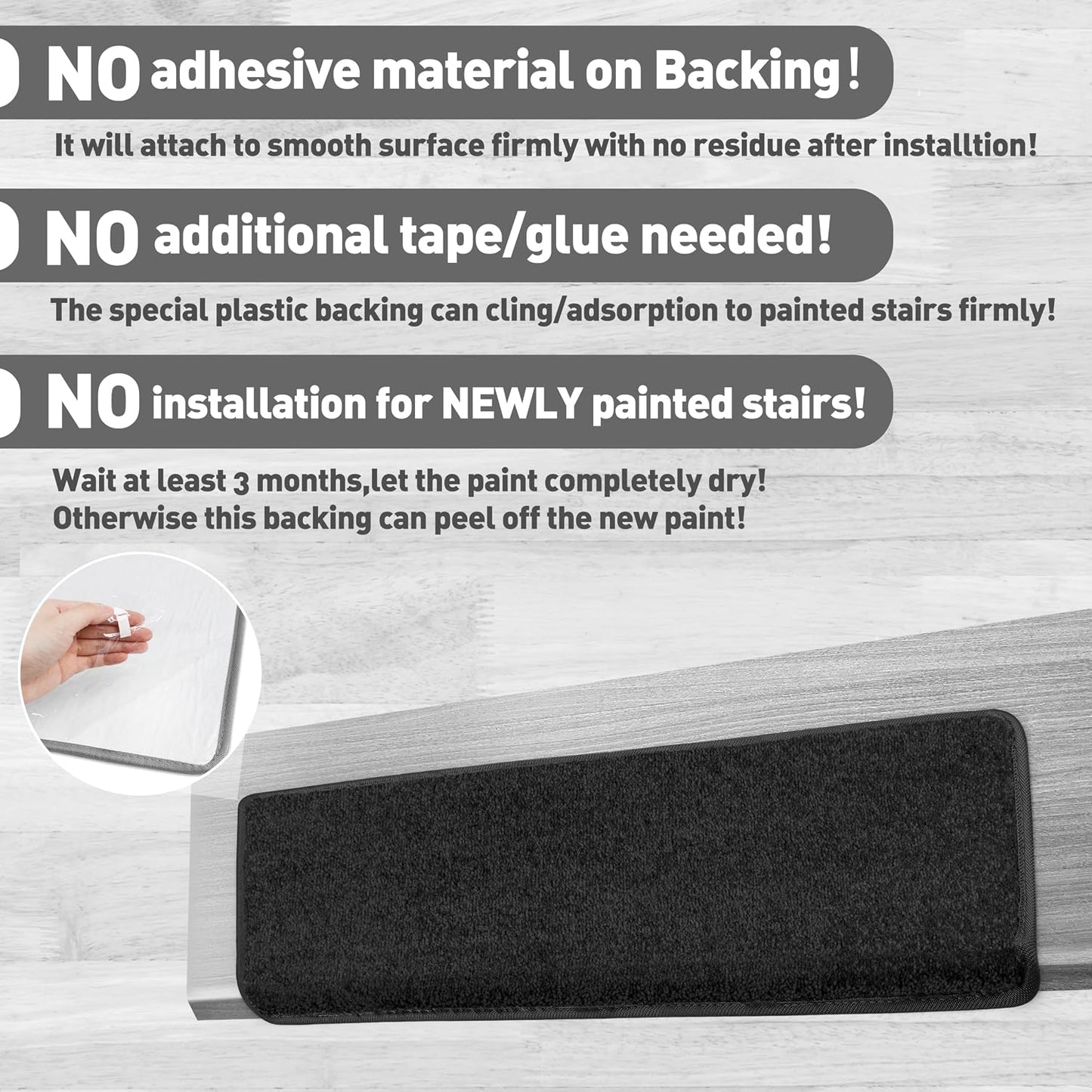 PURE ERA Carpet Stair Treads Tape Free Non Slip Indoor Stair Carpet Stair Protectors Pet-Friendly Non-Slip Skid Resistant Washable Reusable 8" x 30"(2 Pieces,Black)