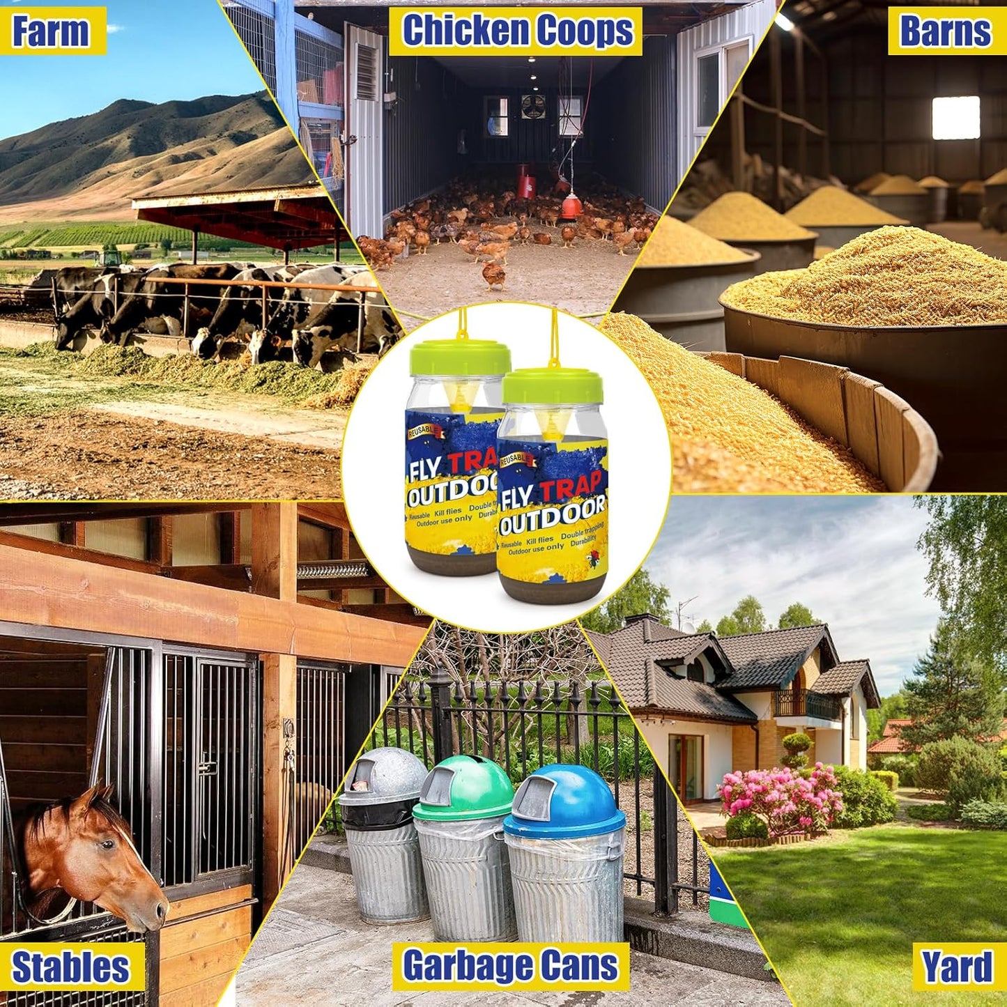 4 Fly Traps Outdoor Fly Trap with 4 Dissolvable Bait Refills, Reusable Hanging Bug Catcher Killer Bottle for Outside Bug Control Patio Yard Ranch Barns Stable, Hanging Rope, Brush Included